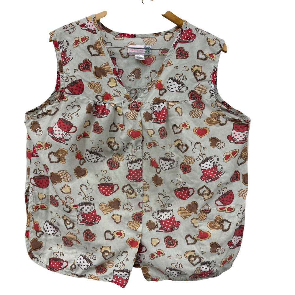 MoonDance Coffee Tea Cup Heart Cookie Print Button Front Vest Plus Size 1X smock